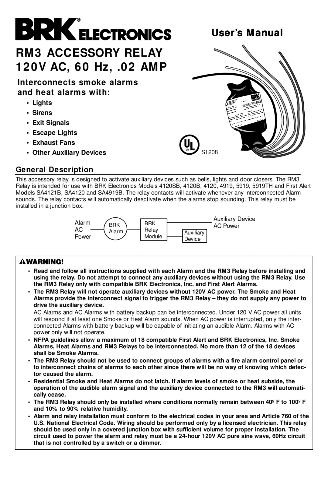 BRK electronic RM3 user manual General Description, Sirens, Exit Signals, Escape Lights, Exhaust Fans, User’s Manual 
