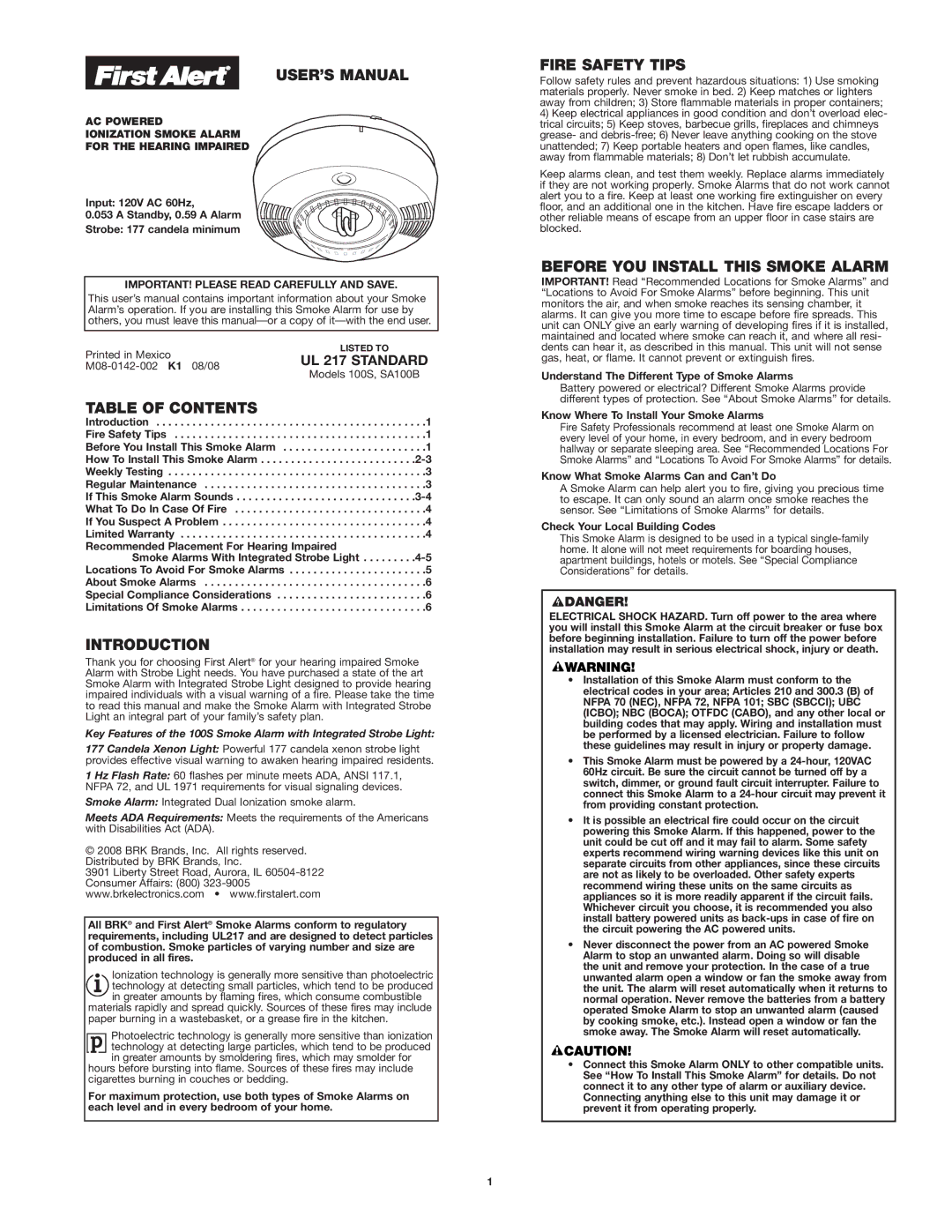 BRK electronic SA100B user manual USER’S Manual, Table of Contents, Introduction, Fire Safety Tips 