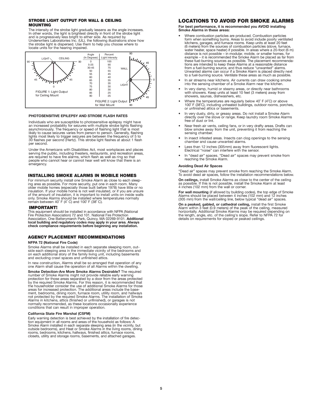 BRK electronic SA100B user manual Locations to Avoid for Smoke Alarms, Strobe Light Output for Wall & Ceiling Mounting 