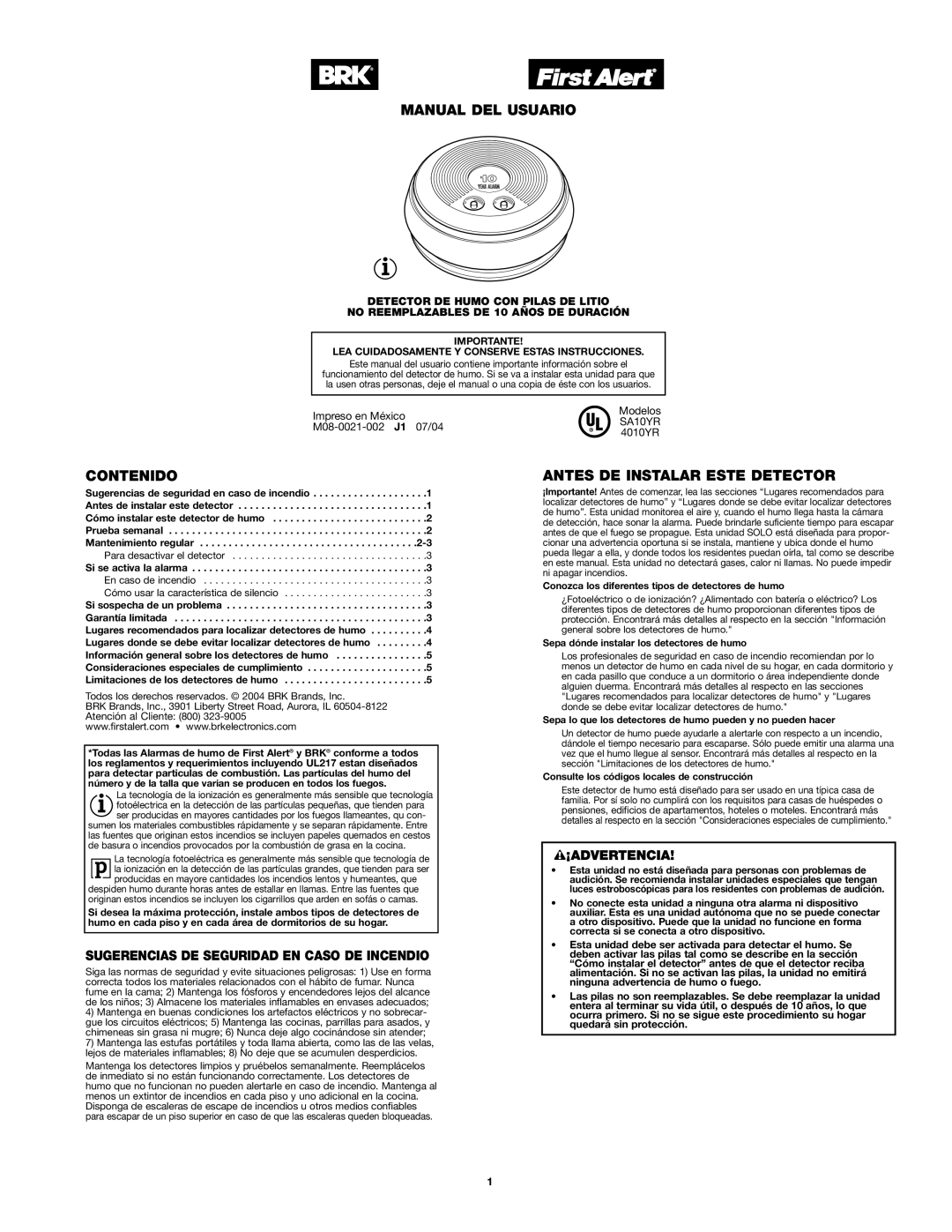 BRK electronic SA10YR manual Manual DEL Usuario, Contenido, Antes DE Instalar Este Detector, Si se activa la alarma 