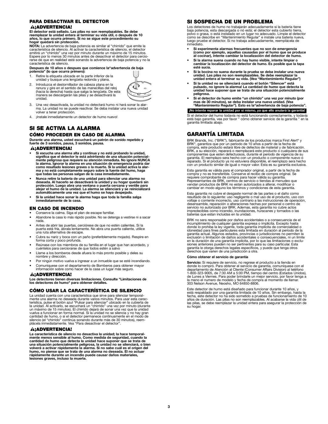 BRK electronic SA10YR manual SI SE Activa LA Alarma, SI Sospecha DE UN Problema, Garantía Limitada 