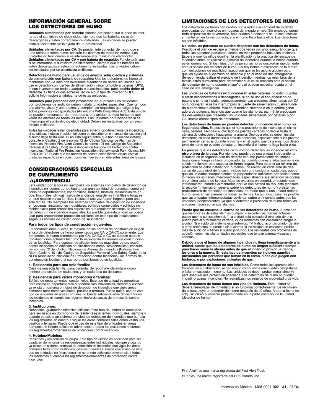 BRK electronic SA10YR manual Información General Sobre Los Detectores De Humo, Consideraciones Especiales De Cumplimiento 