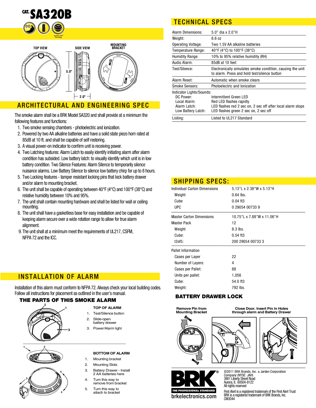 BRK electronic SA320B manual Architectural and Engineering Spec, Installation of Alarm, Technical Specs, Shipping Specs 