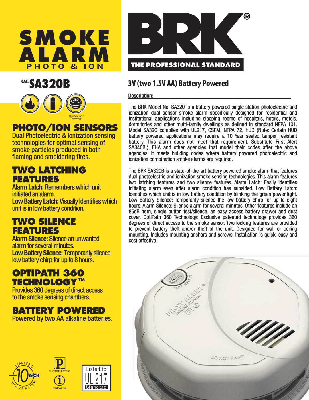 BRK electronic manual Smoke Alarm, CAT.SA320B, Photo/Ion Sensors, Two Latching Features, Two Silence Features 