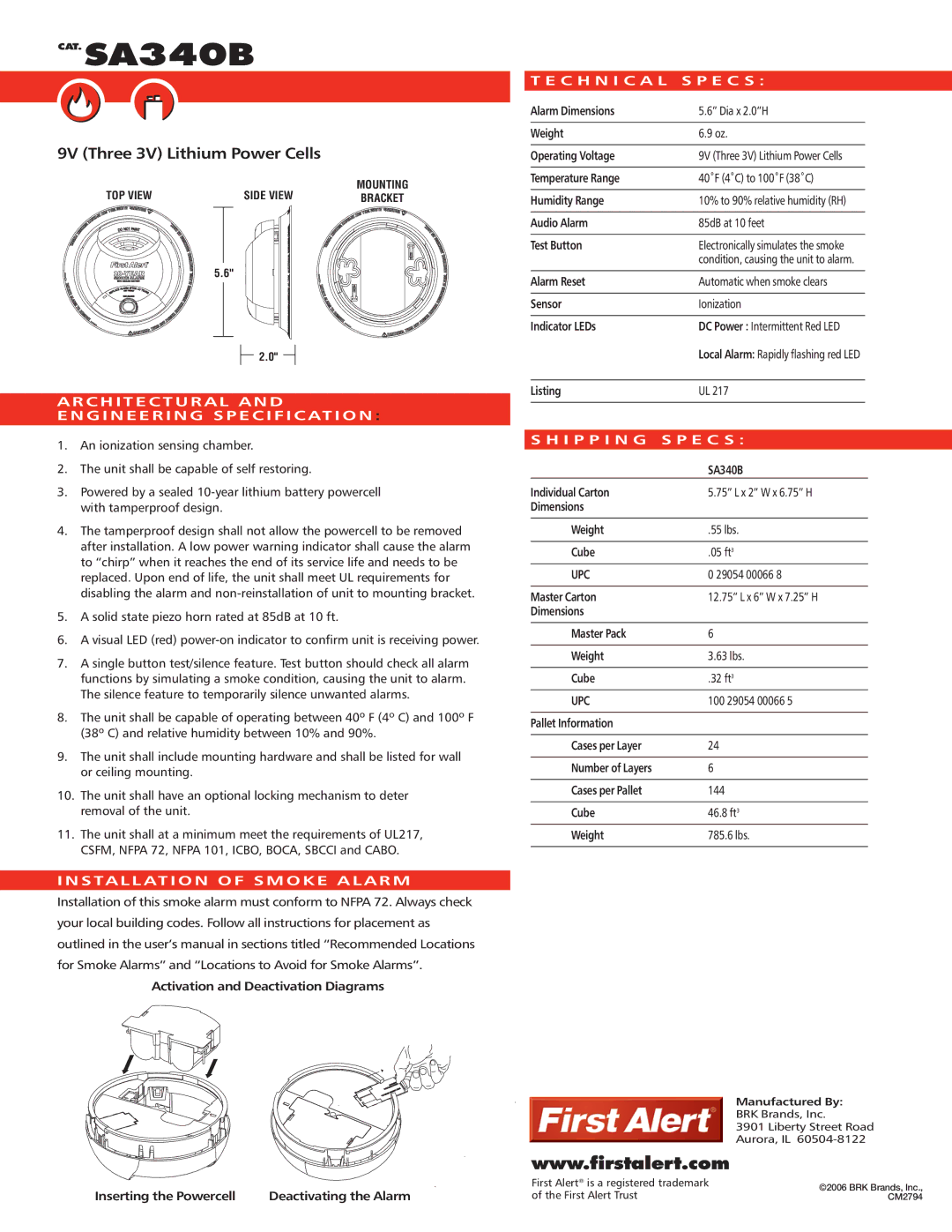 BRK electronic SA340B manual Architectural and Engineering Specification, Installation of Smoke Alarm 