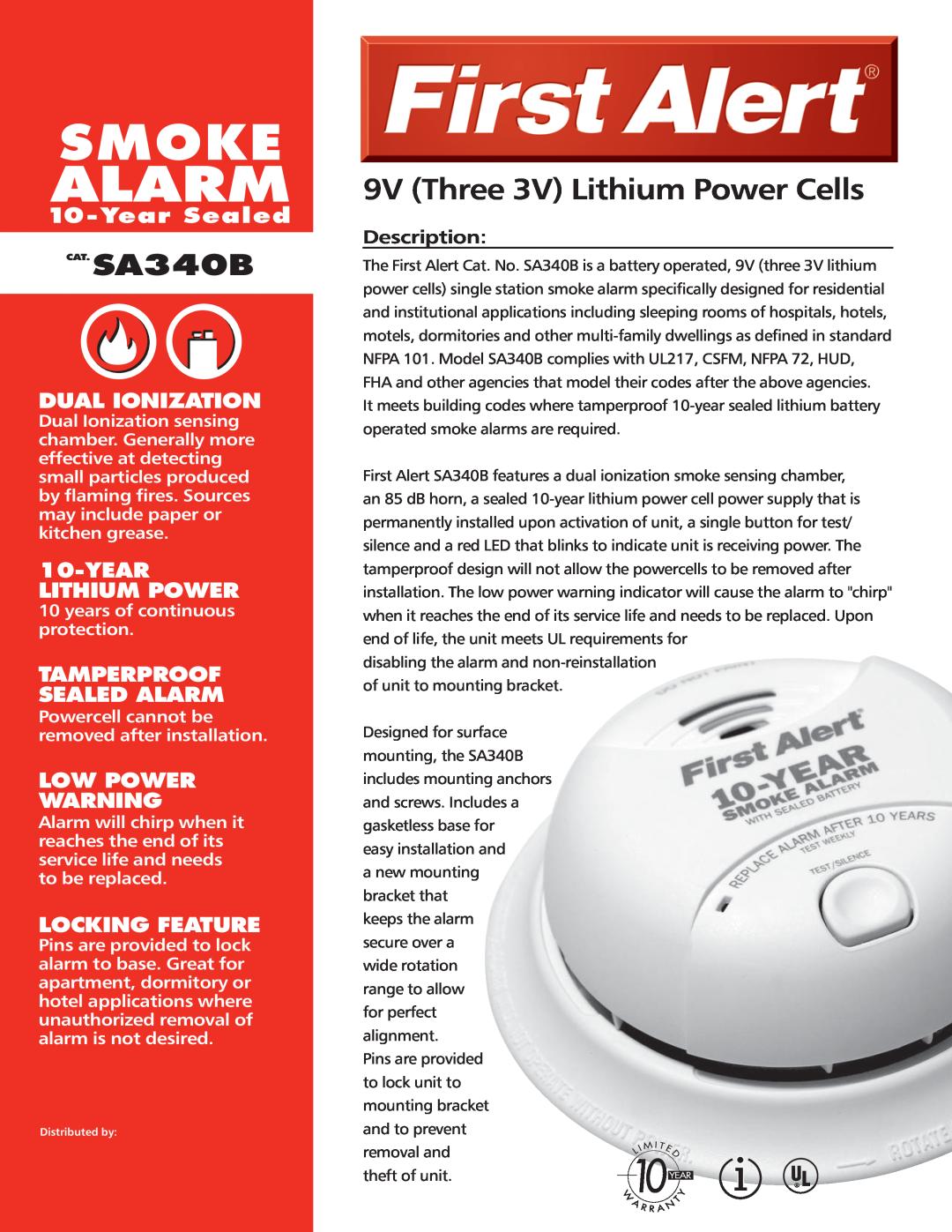 BRK electronic manual 9V Three 3V Lithium Power Cells, Smoke Alarm, CAT. SA340B, Year Sealed, Dual Ionization 