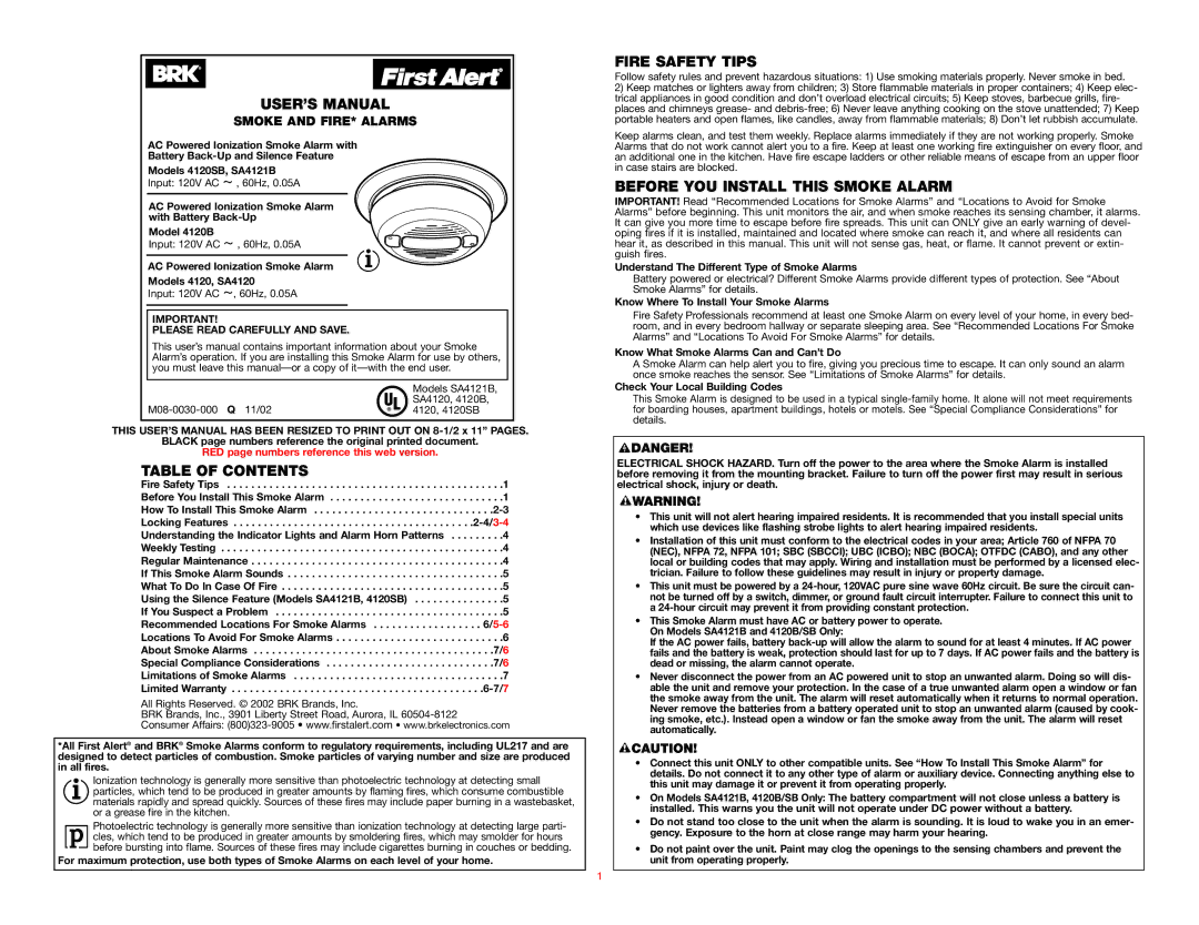 BRK electronic SA4121B user manual USER’S Manual, Table of Contents, Fire Safety Tips, Before YOU Install this Smoke Alarm 