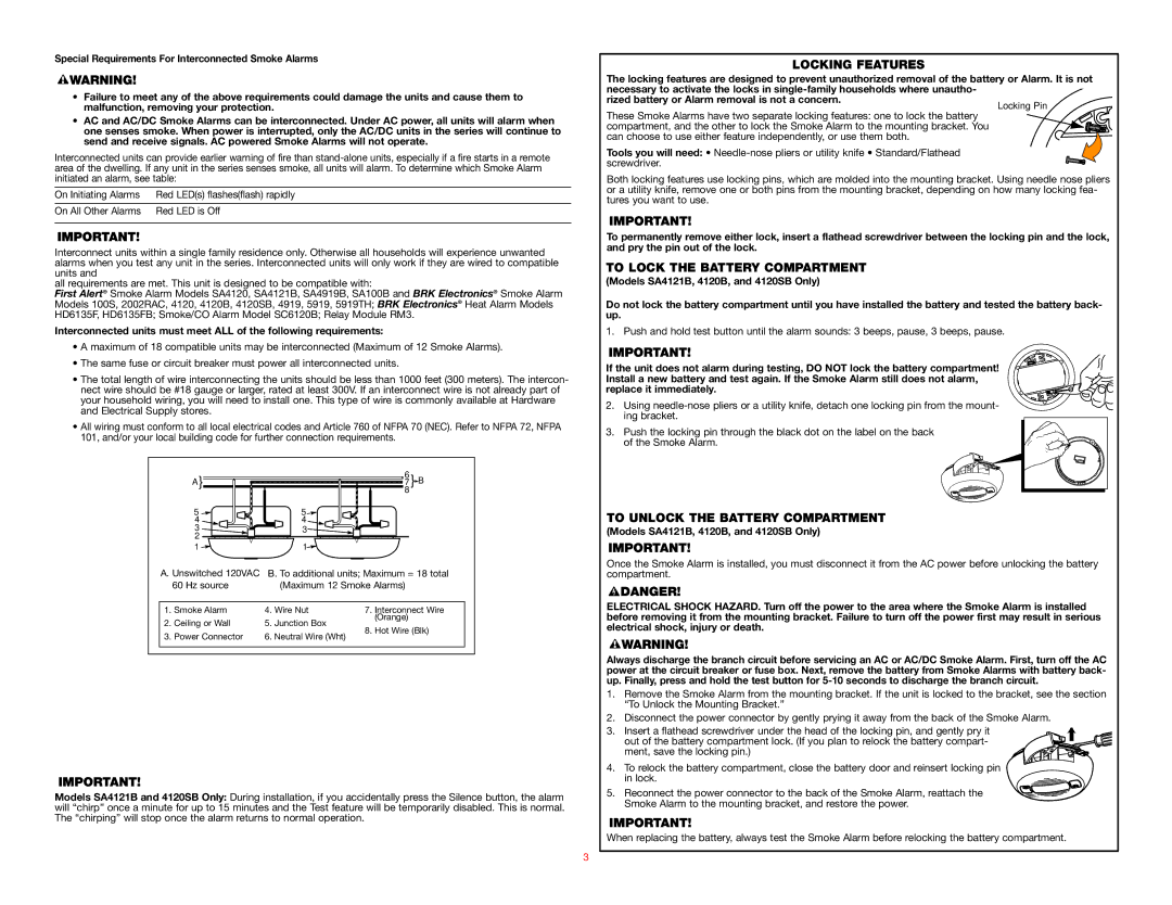 BRK electronic SA4121B user manual Locking Features, To Lock the Battery Compartment, To Unlock the Battery Compartment 