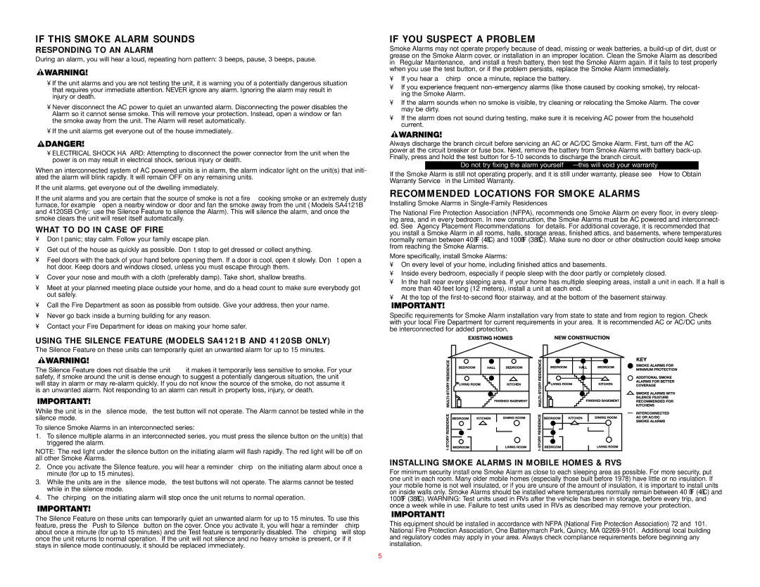 BRK electronic SA4121B If this Smoke Alarm Sounds, If YOU Suspect a Problem, Recommended Locations for Smoke Alarms 