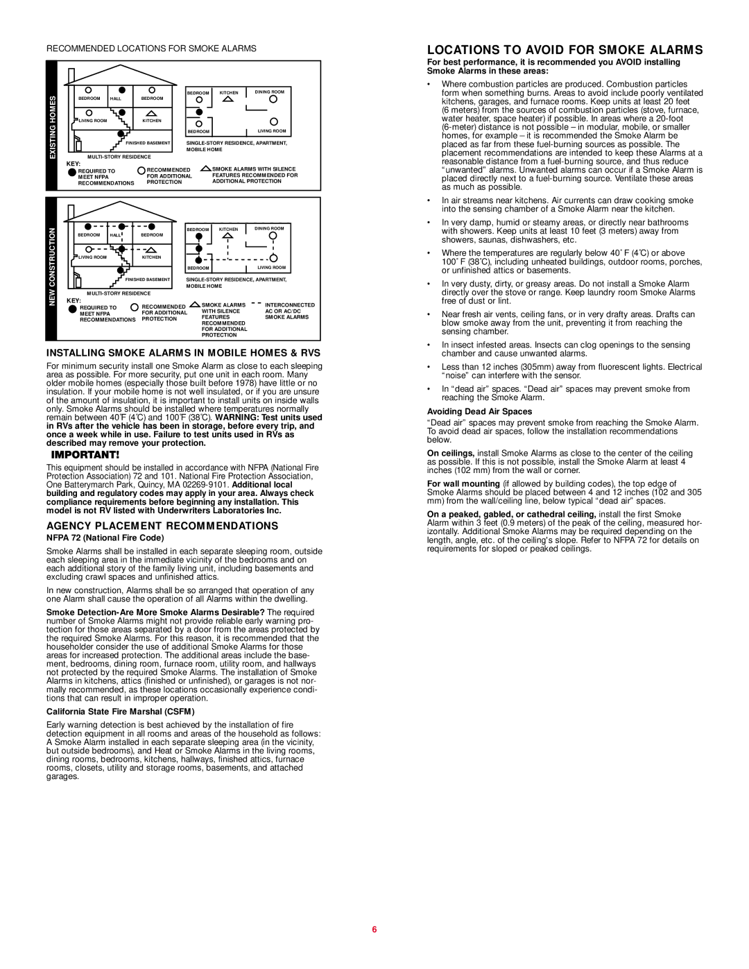 BRK electronic SA710 user manual Locations to Avoid for Smoke Alarms, Installing Smoke Alarms in Mobile Homes & RVS 