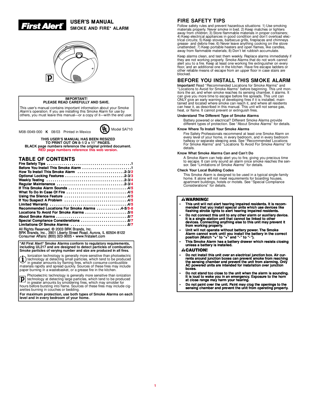 BRK electronic SA710 user manual User’S Manual, Table Of Contents, Fire Safety Tips, Before You Install This Smoke Alarm 