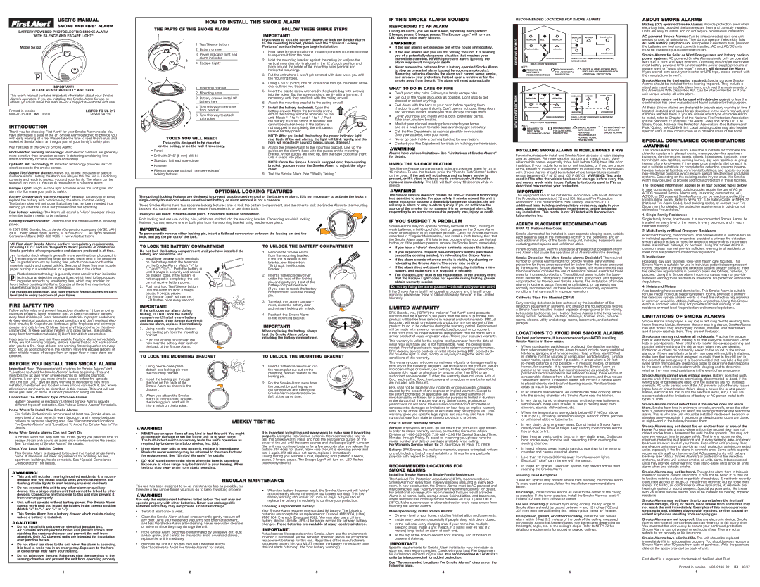 BRK electronic SA720 user manual USER’S Manual, HOW to Install this Smoke Alarm If this Smoke Alarm Sounds, Introduction 