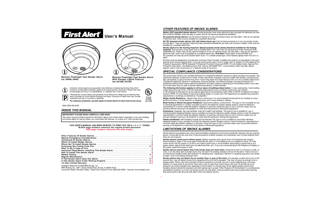 BRK electronic SA150B user manual Inside this Manual, Other Features of Smoke Alarms, Special Compliance Considerations 