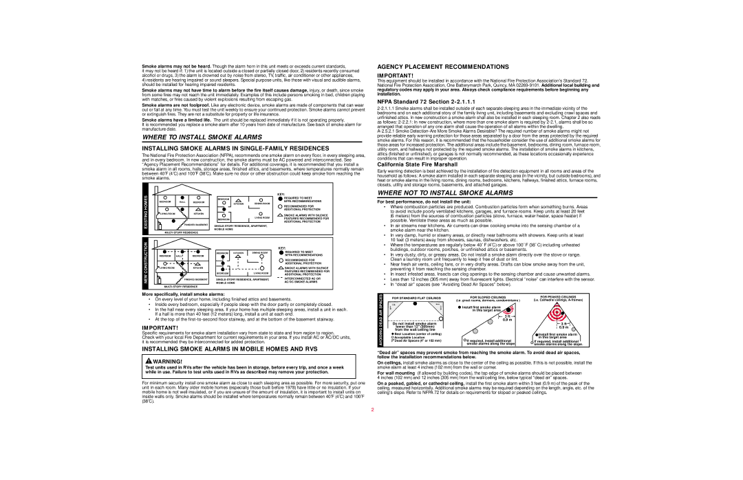 BRK electronic SA150C, SA90C Where to Install Smoke Alarms, Where not to Install Smoke Alarms, Nfpa Standard 72 Section 