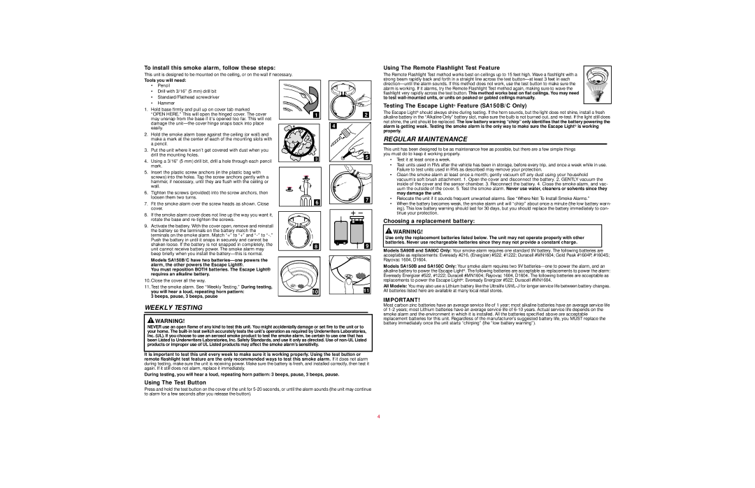 BRK electronic SA90C, SA150B, SA150C, SA90B user manual Regular Maintenance, Weekly Testing 