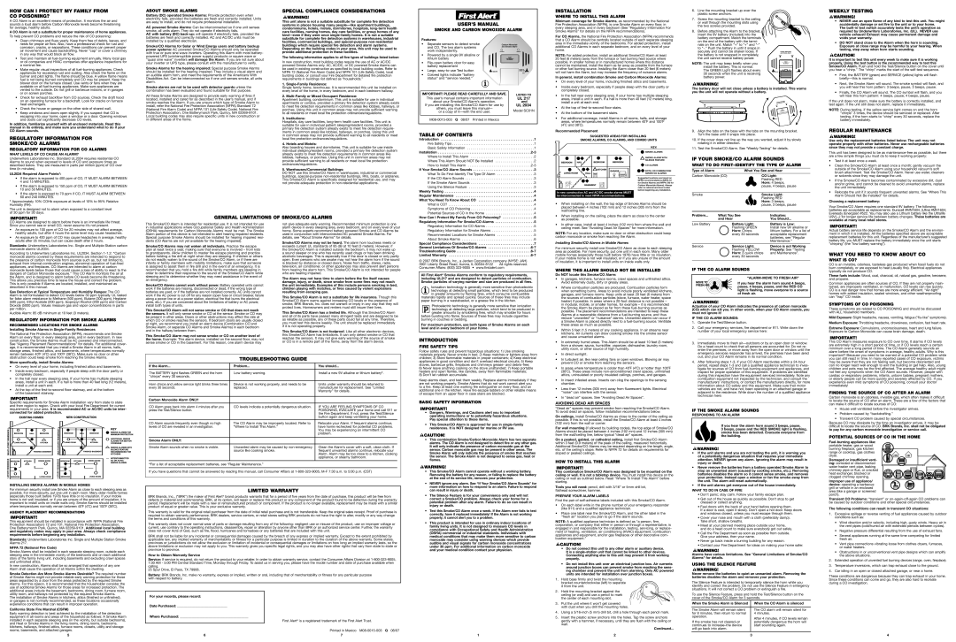 BRK electronic SC01N user manual HOW can I Protect MY Family from CO POISONING?, Special Compliance Considerations 