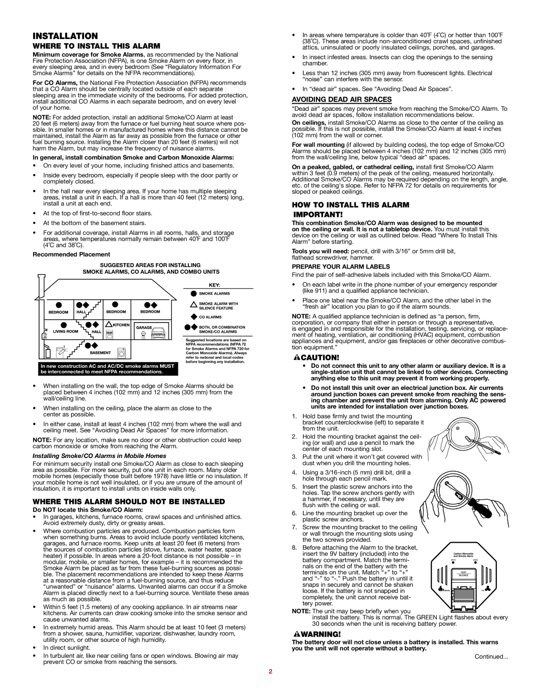 BRK electronic SC01NM08 user manual Installation, Where to Install this Alarm, Where this Alarm should not be Installed 