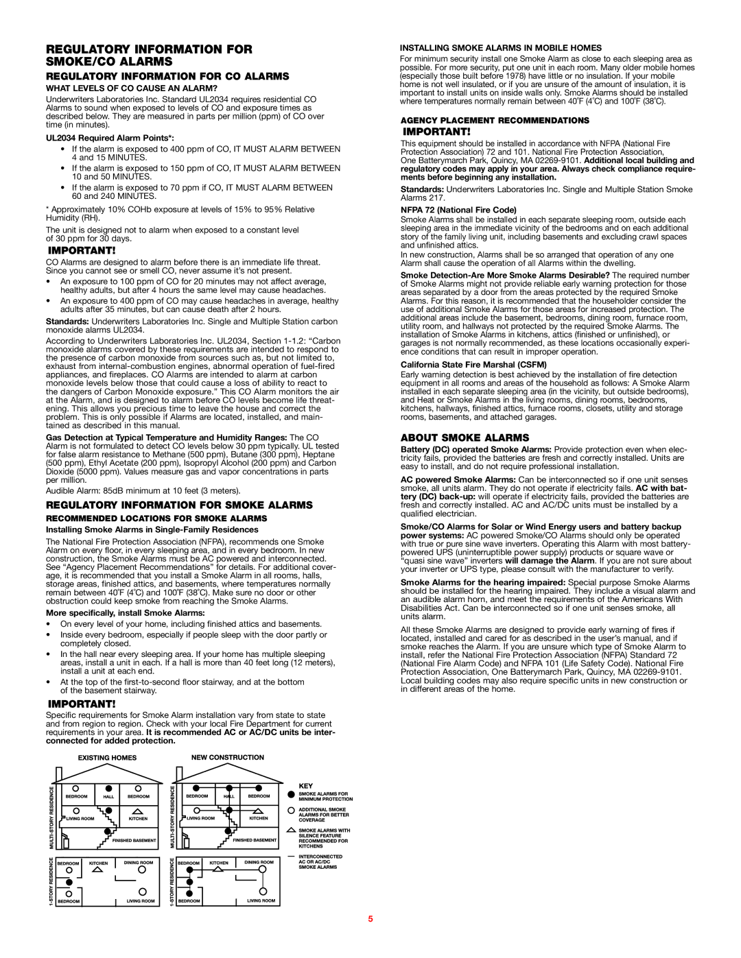 BRK electronic SC01NM08 user manual Regulatory Information for SMOKE/CO Alarms, Regulatory Information for CO Alarms 