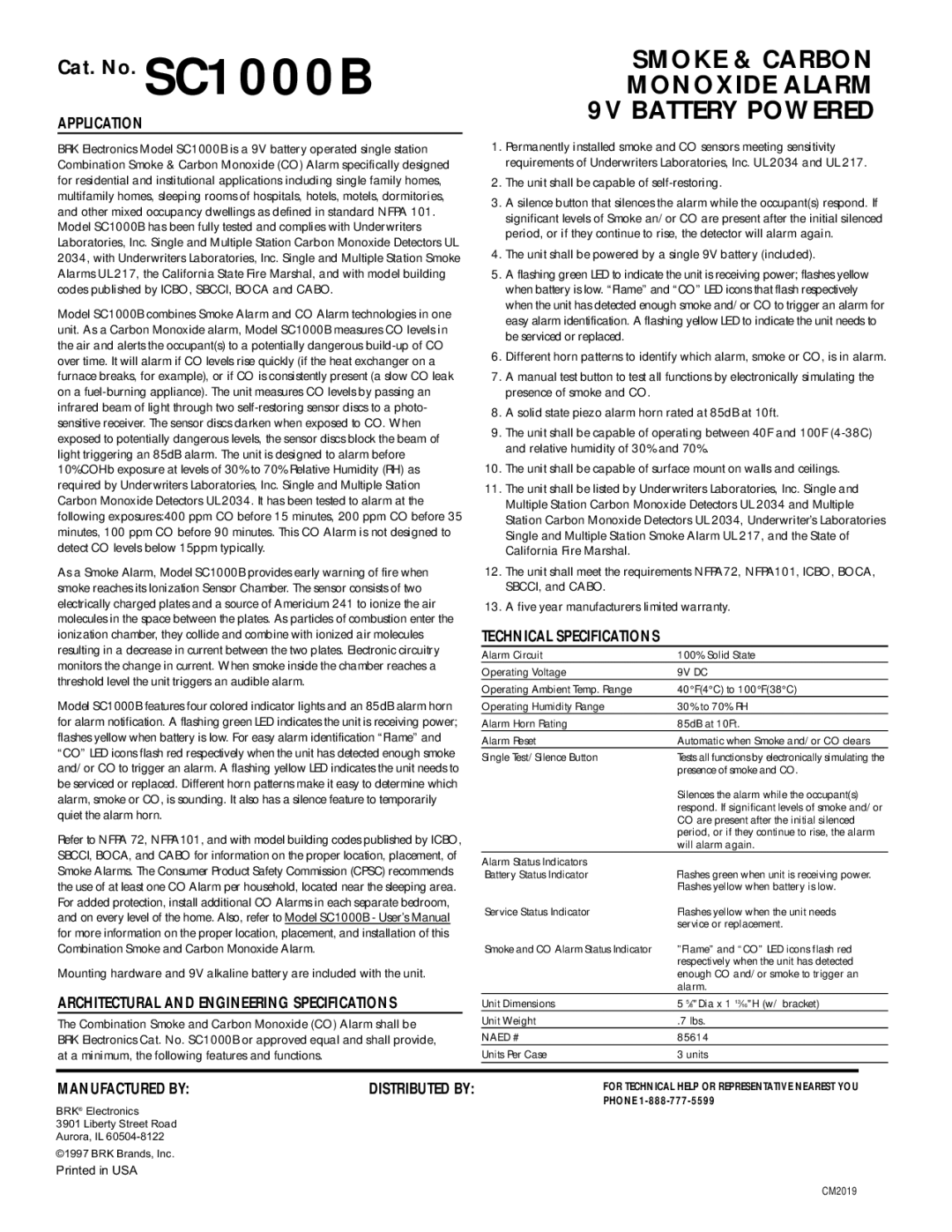 BRK electronic SC1000B manual Application, Technical Specifications, Architectural and Engineering Specifications 