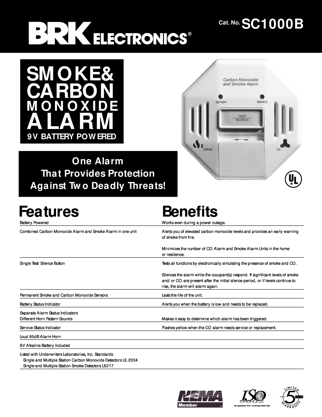 BRK electronic SC1000B manual Carbon, Smoke, Features, Benefits, Monoxide, One Alarm That Provides Protection 