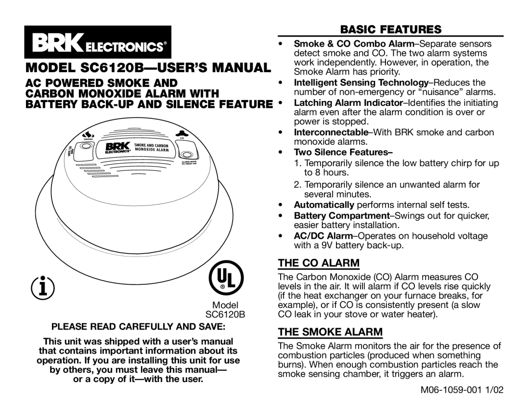 BRK electronic user manual Model SC6120B-USER’S Manual, Basic Features, CO Alarm, Smoke Alarm 