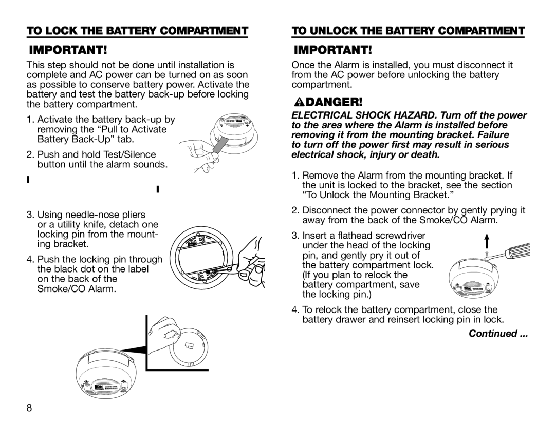 BRK electronic SC6120B user manual To Lock the Battery Compartment, To Unlock the Battery Compartment 