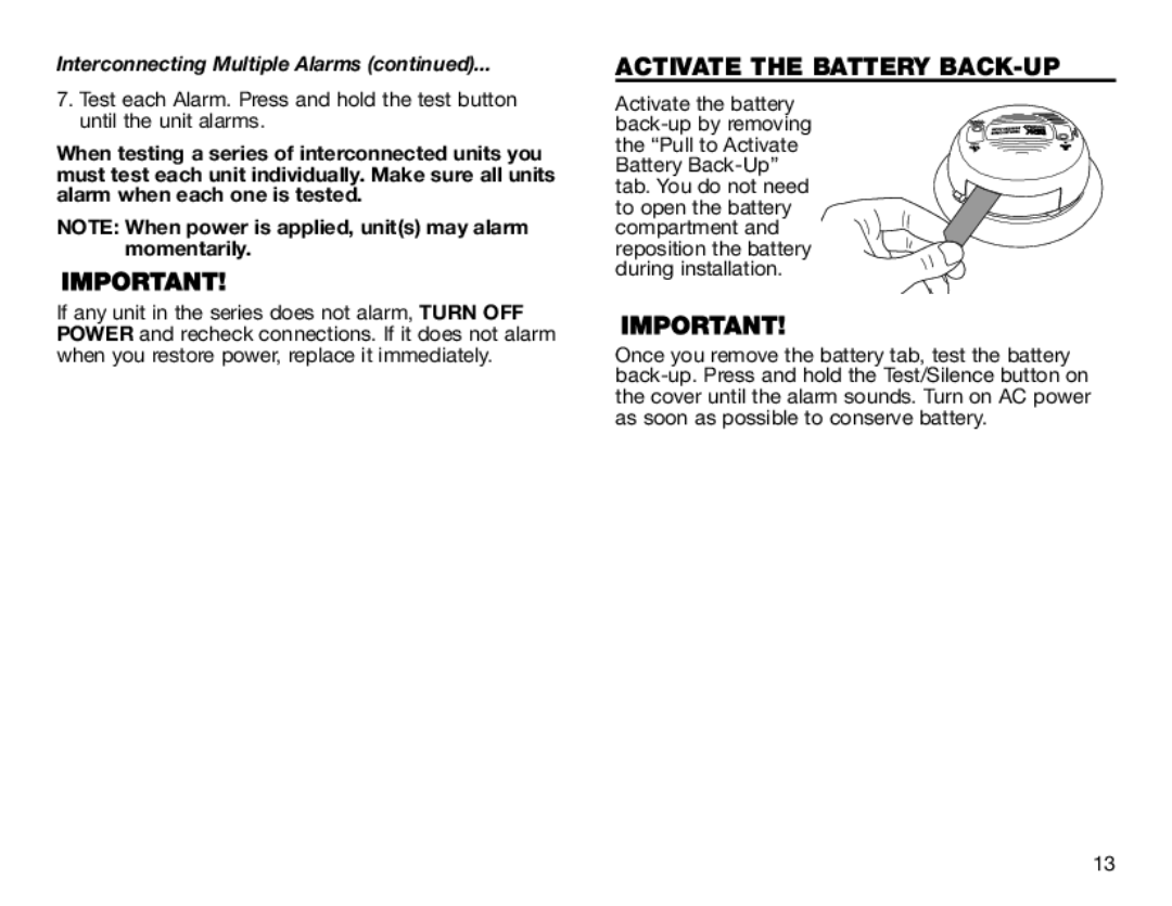 BRK electronic SC6120B user manual Activate the Battery BACK-UP 