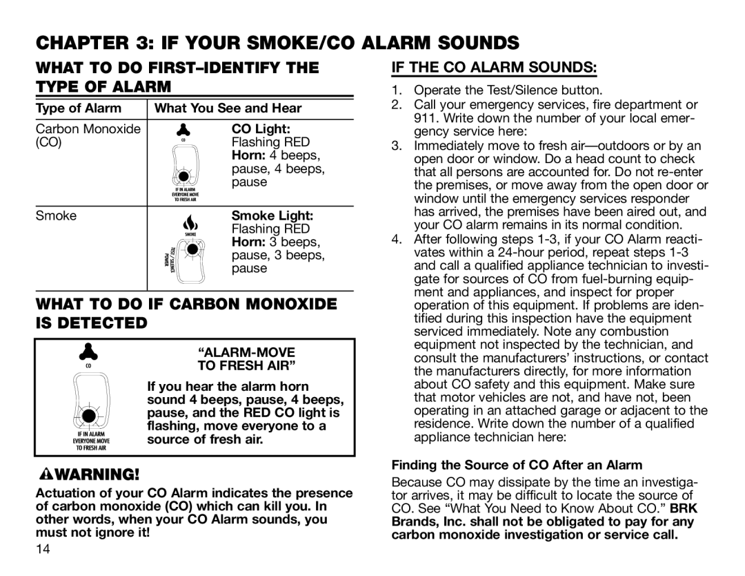 BRK electronic SC6120B If Your SMOKE/CO Alarm Sounds, What to do FIRST-IDENTIFY the Type of Alarm, If the CO Alarm Sounds 