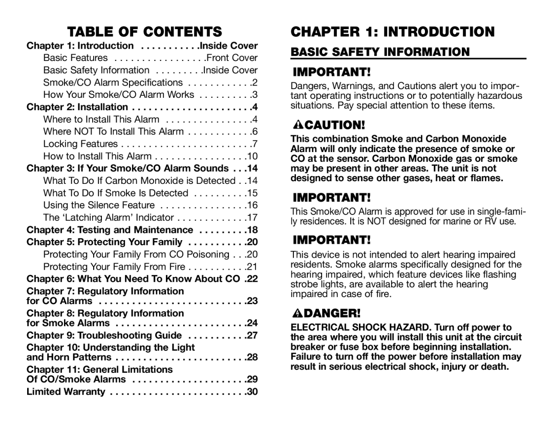 BRK electronic SC6120B user manual Table of Contents, Introduction 