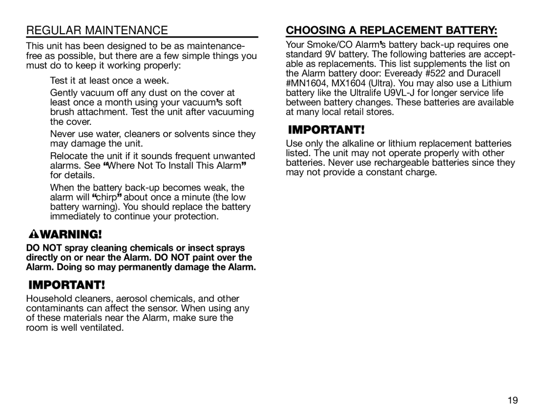 BRK electronic SC6120B user manual Regular Maintenance, Choosing a Replacement Battery 