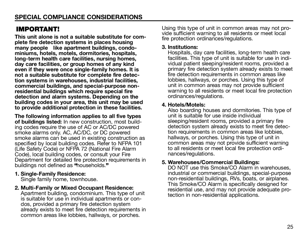 BRK electronic SC6120B Special Compliance Considerations, Institutions, Hotels/Motels, Warehouses/Commercial Buildings 