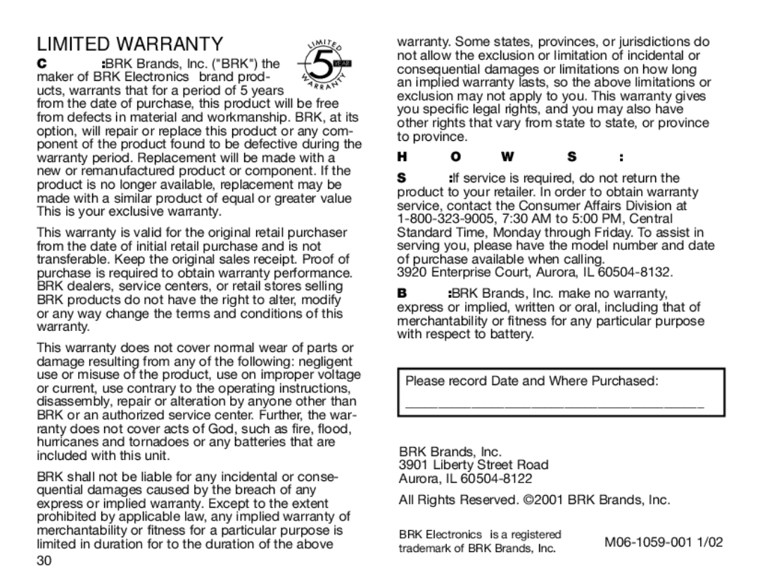 BRK electronic SC6120B user manual Limited Warranty, How to Obtain Warranty Service 