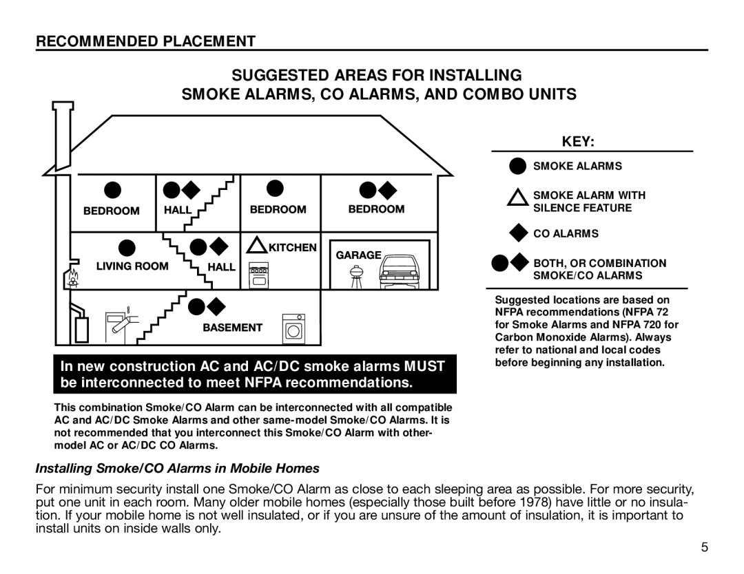 BRK electronic SC6120B user manual Key, Installing Smoke/CO Alarms in Mobile Homes 