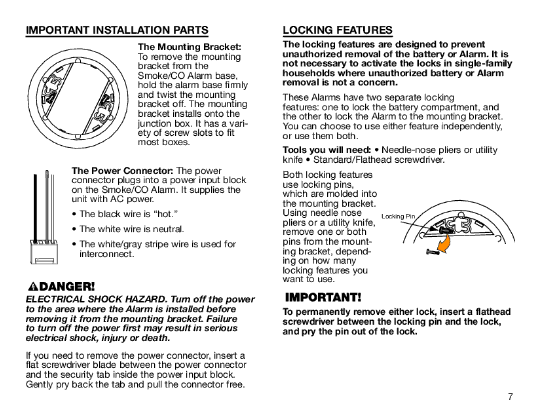 BRK electronic SC6120B user manual Important Installation Parts, Locking Features 