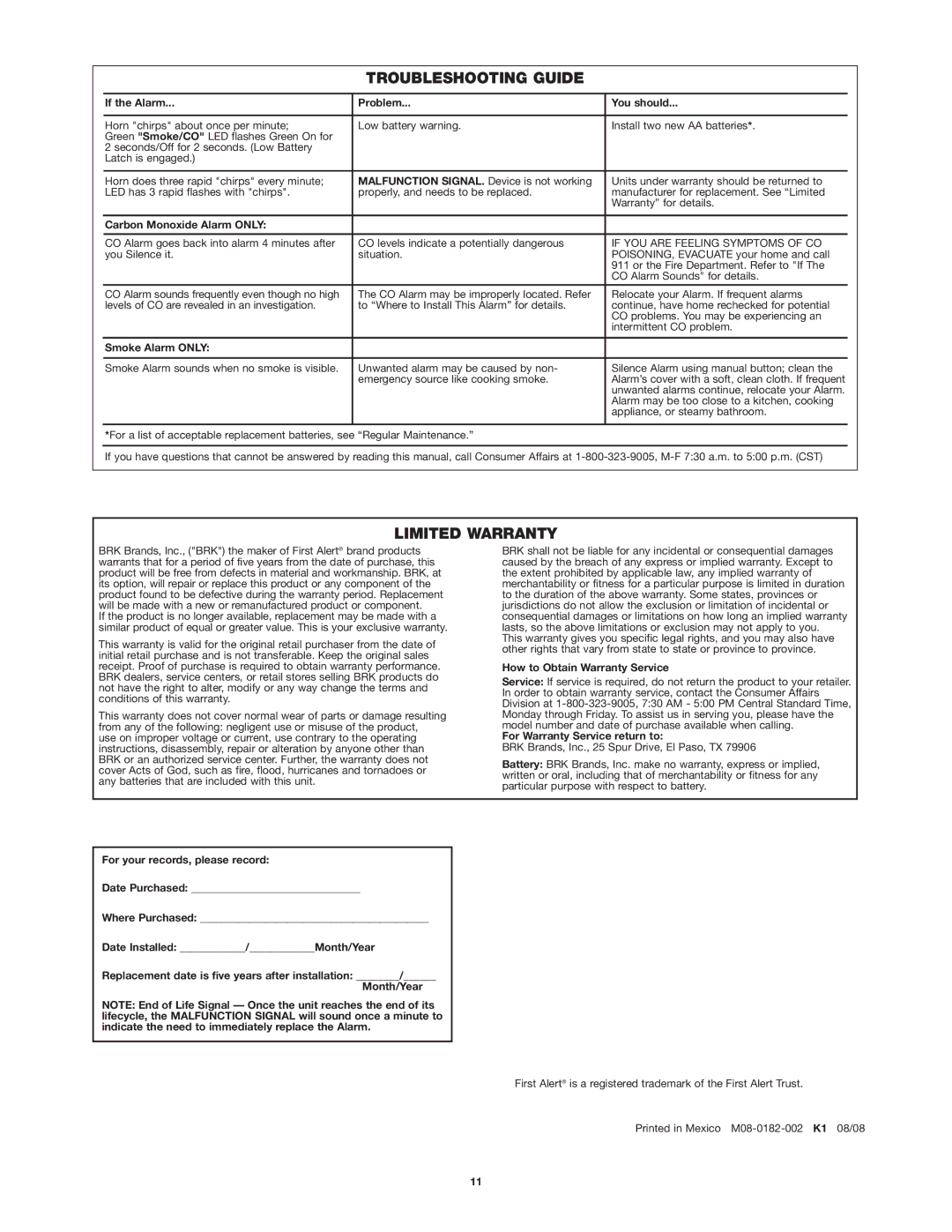 BRK electronic SC7010B user manual Troubleshooting Guide, Limited Warranty 