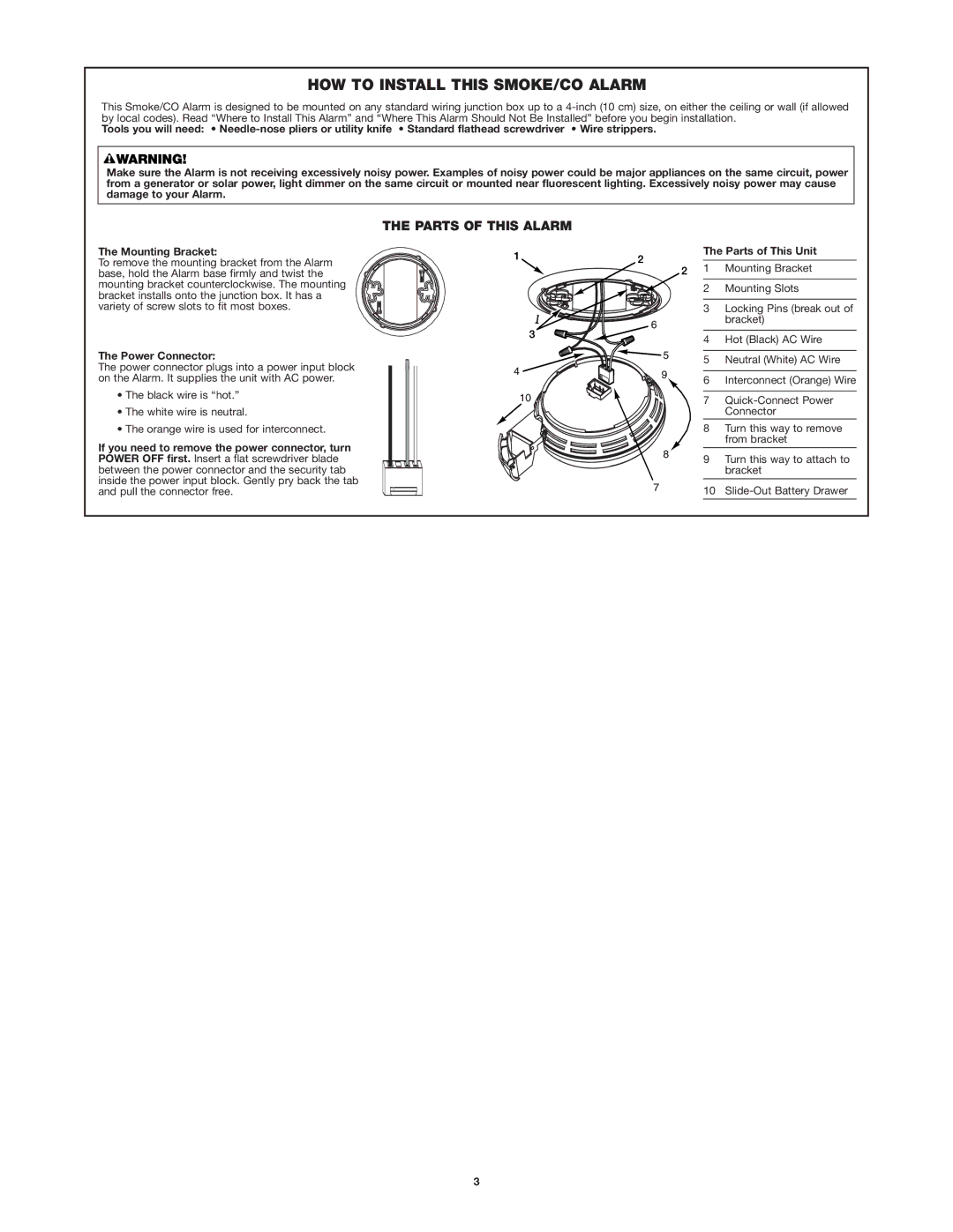 BRK electronic SC7010B HOW to Install this SMOKE/CO Alarm, Parts of this Alarm, Mounting Bracket, Power Connector 