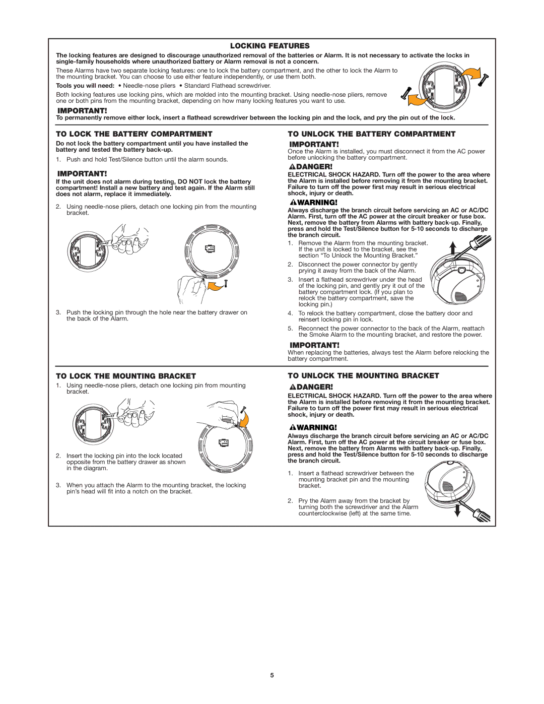 BRK electronic SC7010B user manual Locking Features, To Lock the Battery Compartment, To Unlock the Battery Compartment 