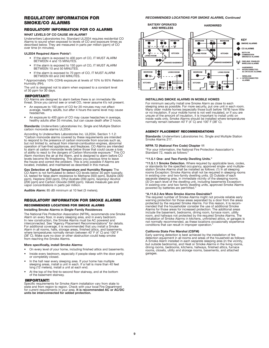 BRK electronic SC7010B user manual Regulatory Information for SMOKE/CO Alarms, Regulatory Information for CO Alarms 