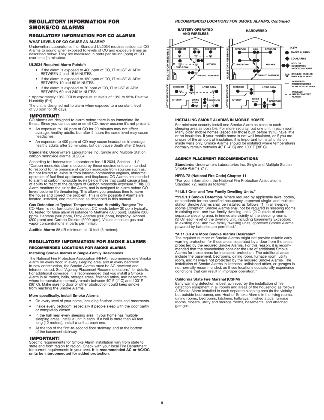 BRK electronic SC7010B user manual Regulatory Information For Smoke/Co Alarms, Regulatory Information For Co Alarms 
