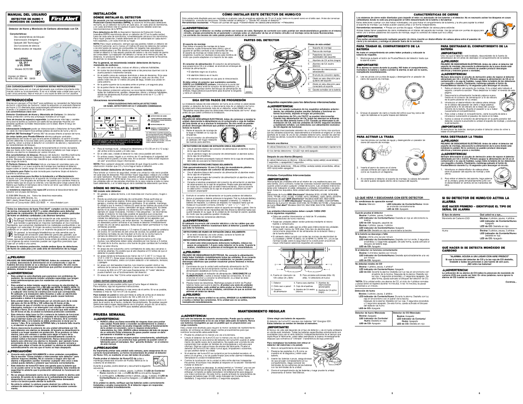 BRK electronic SC7010BV manual Manual DEL Usuario, Instalación, Cómo Instalar Este Detector DE HUMO/CO, Introducción 