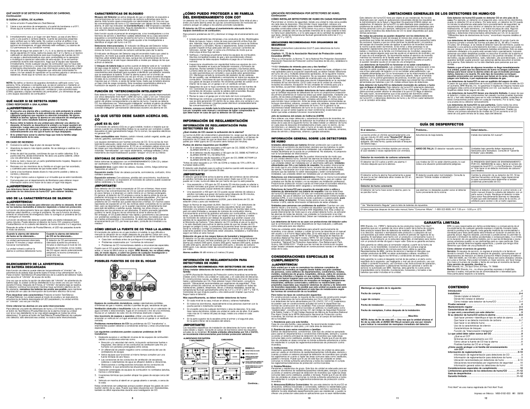 BRK electronic SC7010BV ¿CÓMO Puedo Proteger a MI Familia, Limitaciones Generales DE LOS Detectores DE HUMO/CO, Contenido 