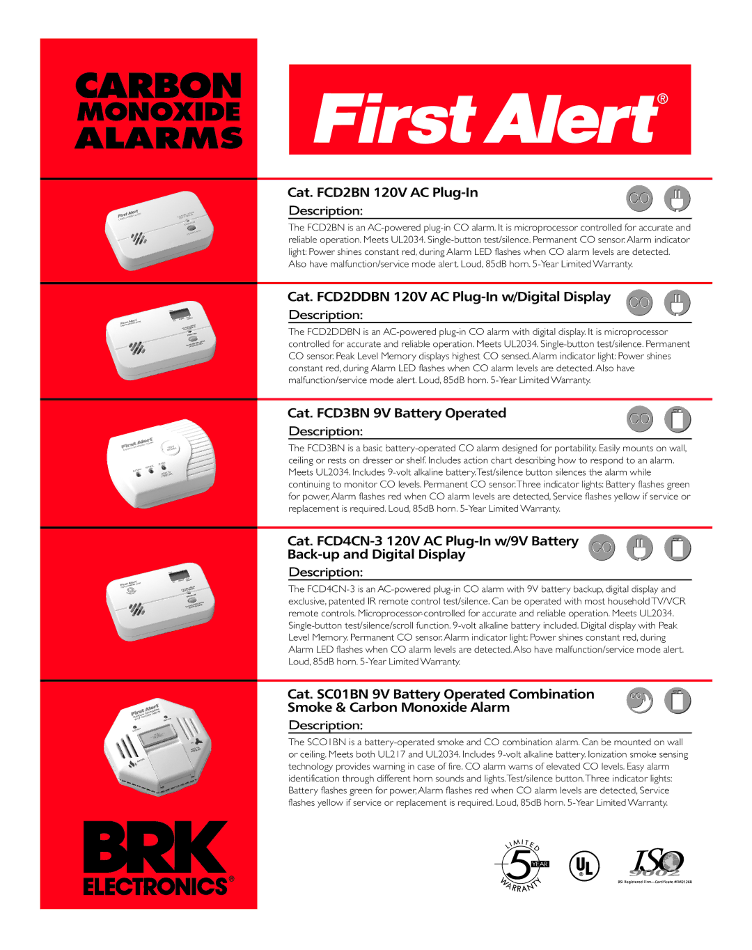 BRK electronic SCO1BN warranty Cat. FCD2BN 120V AC Plug-In, Cat. FCD2DDBN 120V AC Plug-In w/Digital Display 