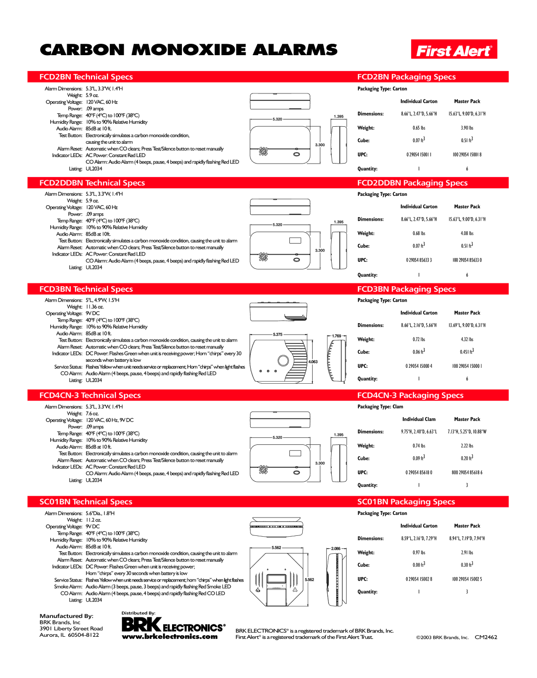 BRK electronic SCO1BN FCD2BN Technical Specs, FCD2DDBN Technical Specs, FCD2BN Packaging Specs, FCD2DDBN Packaging Specs 