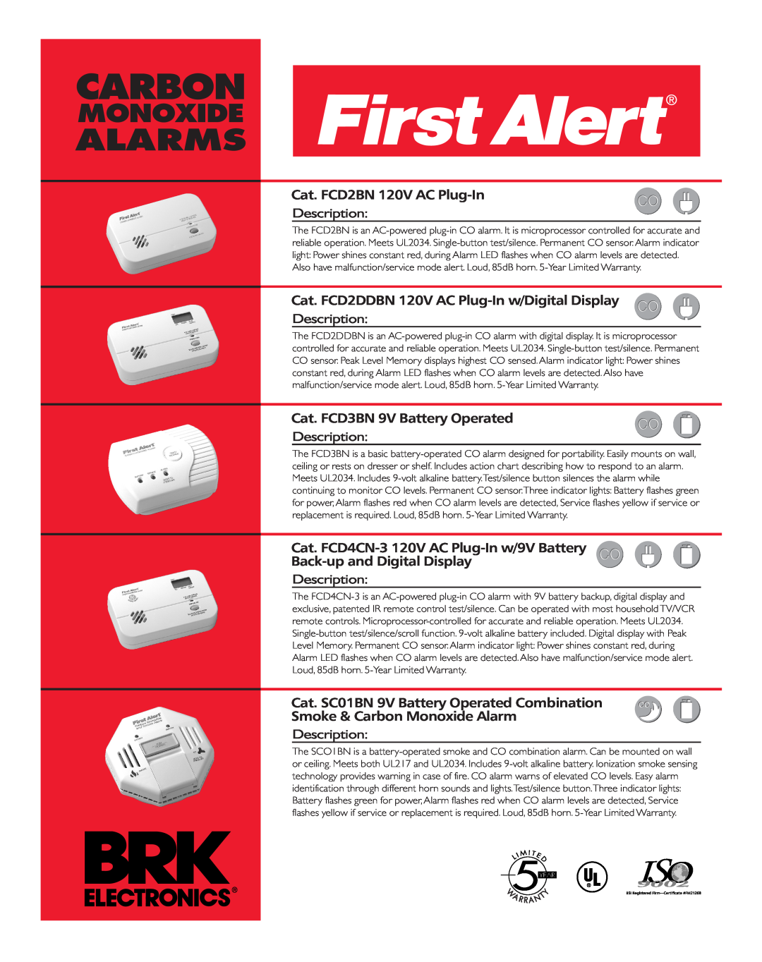 BRK electronic SCO1BN warranty Carbon, Alarms, Monoxide, Cat. FCD2BN 120V AC Plug-In, Description 