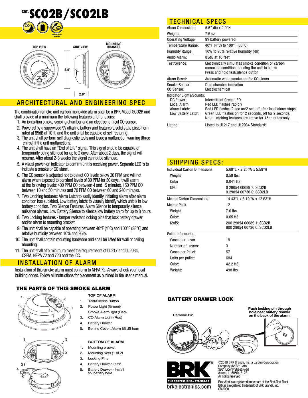 BRK electronic SCO2LB, SCO2B Architectural and Engineering Spec, Installation of Alarm, Technical Specs, Shipping Specs 