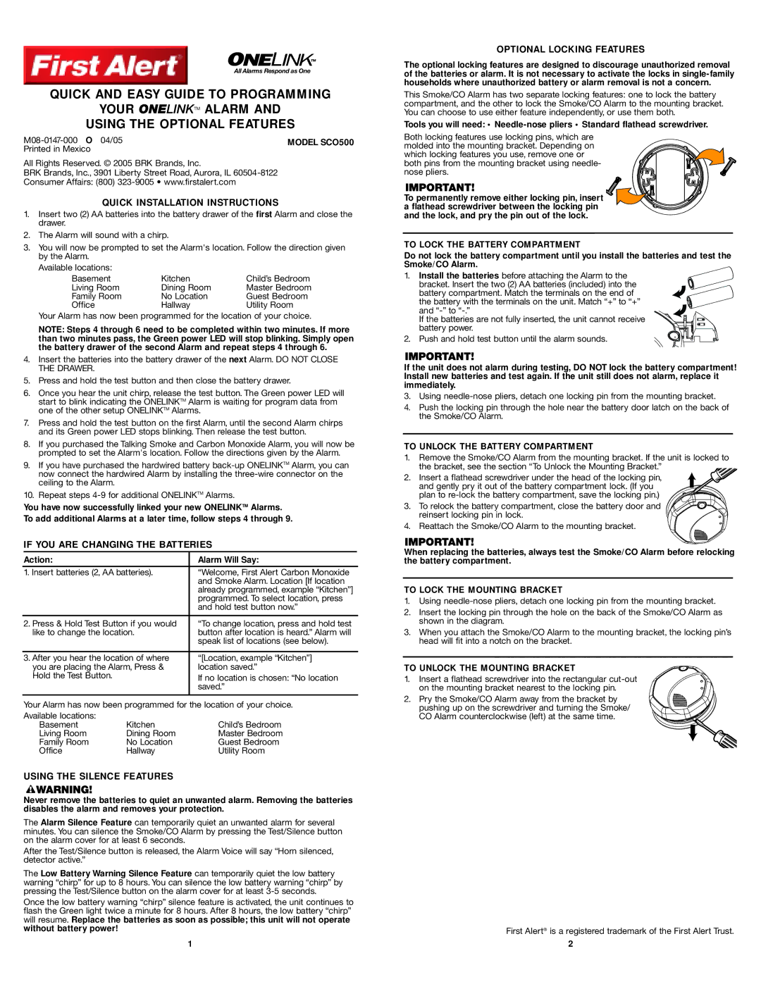 BRK electronic user manual Model SCO500, To Lock the Battery Compartment, To Unlock the Battery Compartment 