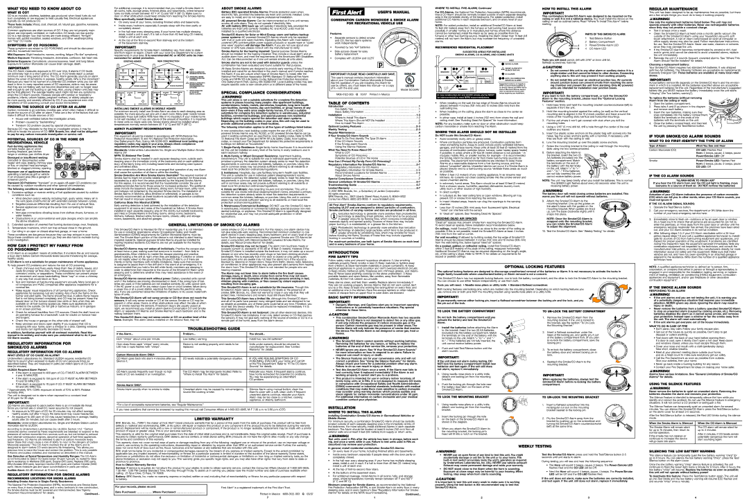 BRK electronic SCO5RV user manual What YOU Need to Know about CO, USER’S Manual, Regular Maintenance, Table of Contents 