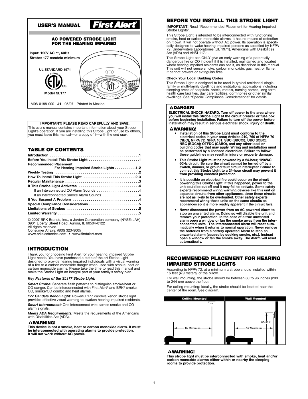 BRK electronic SL177 user manual USER’S Manual, Table of Contents, Introduction, Before YOU Install this Strobe Light 