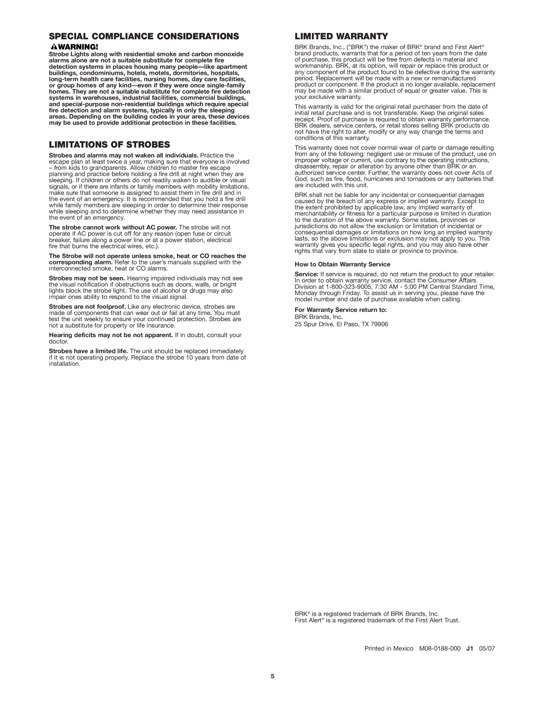 BRK electronic SL177 user manual Special Compliance Considerations, Limitations of Strobes, Limited Warranty 