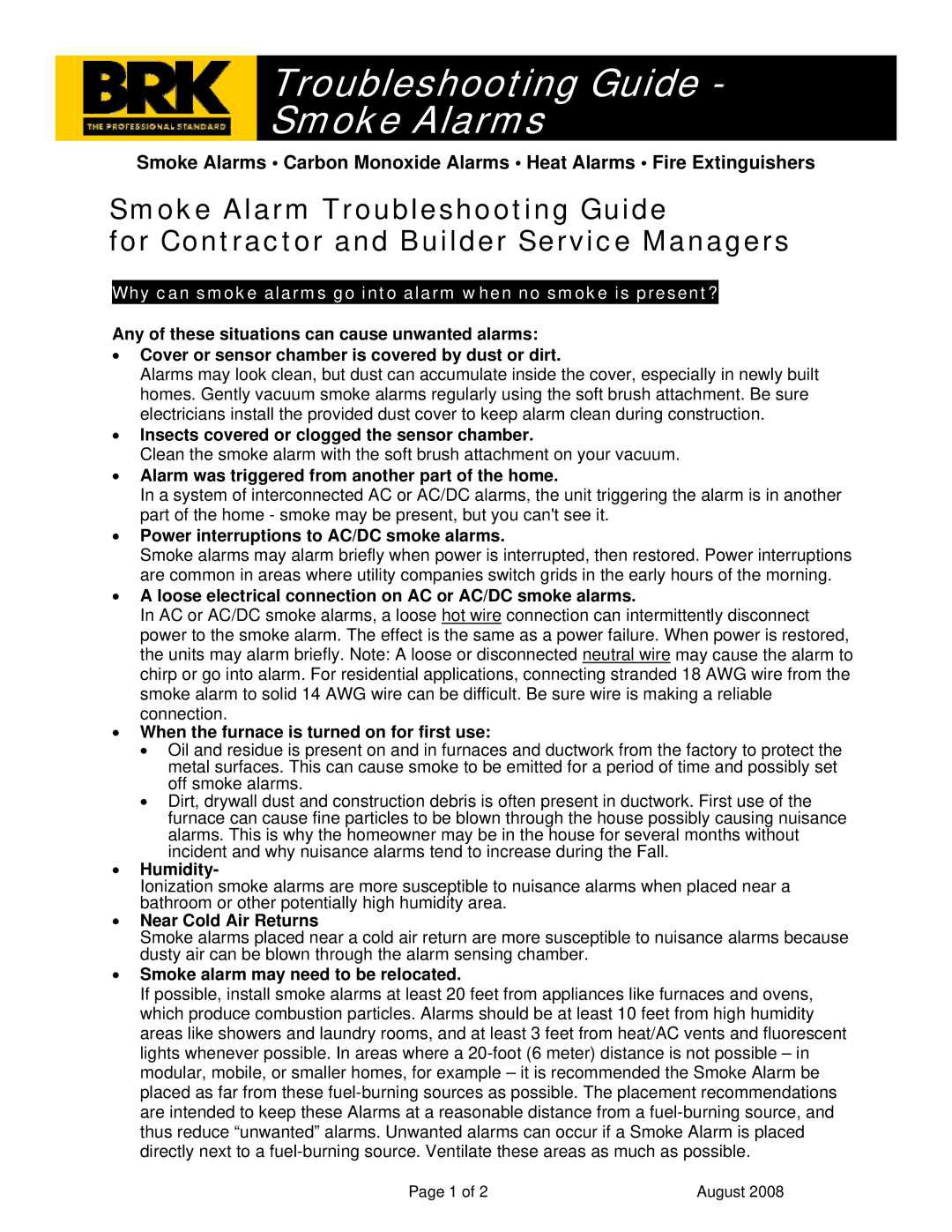 BRK electronic Smoke Alarm manual Insects covered or clogged the sensor chamber, Power interruptions to AC/DC smoke alarms 